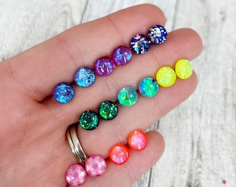 Plastic post studs, random selection of 5 pairs, rainbow colors, mixed 6mm round hypoallergenic stud earrings, by Jules Jewelry Box