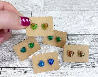 8mm, Mood stone heart studs earrings, heart mood stone, color change, Individual pairs, plastic posts hypoallergenic  by Jules Jewelry Box