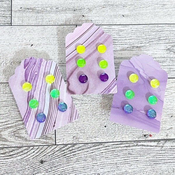 Neon Green, purple, and yellow, hypoallergenic, plastic post earrings, Multi-pack, plastic earrings for sensitive ears by Jules Jewelry Box