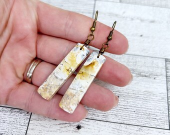 Picture Jasper stone earrings, rectangle dangle gemstone earrings with brass ear wires, picture jasper stones by Jules Jewelry Box