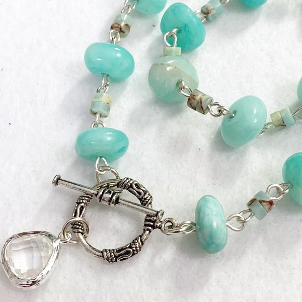 Mint green tumbled amazonite, polished gemstone beaded necklace, toggle clasp, crystal charm, hand wrapped bead details by Jules Jewelry Box