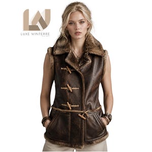 Brown Leather Vest with Faux Fur Collar | Toggle Button Waistcoat