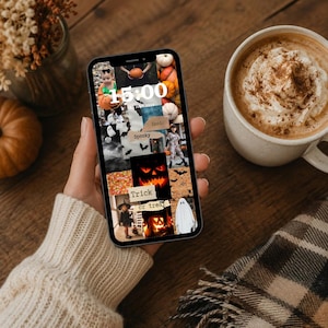 May include: A smartphone displaying a Halloween-themed digital collage wallpaper featuring pumpkins, ghosts, bats, and children in costumes. The screen shows the time 15:00, the date 25 July 2024, and text elements including Boo, Spooky, and Trick or treat.