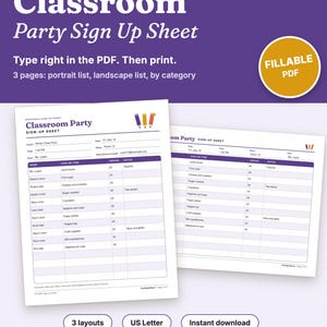 Peut inclure: Une fiche d'inscription pour fête de classe imprimable au format PDF remplissable. Le document propose trois mises en page, dont des listes en portrait et paysage. Le design inclut des en-têtes violets, des icônes de crayons et des colonnes.