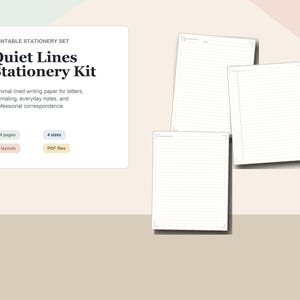 以下が含まれることがあります： Quiet Lines Stationery Kitというタイトルの印刷可能なステーショナリーセット。手紙やメモ用の白い罫線入りライティングペーパーが含まれています。セットには64ページ、4つのサイズ、4つのレイアウト、PDFファイルが含まれており、3枚の用紙が並んでいます。