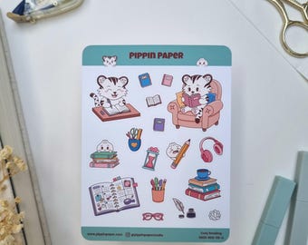 Tiger Dumpling Cozy Reading Planner Matte Vinyl Sticker Sheet | Study Bookworm Kawaii Bujo Deco | Hobonichi Journaling