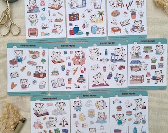 Full Matte Vinyl Sticker Sheet Bundle Set of 10 | Hand Drawn Cute Tiger Dumpling | For Functional Kawaii Bujo Hobonichi Deco Planner