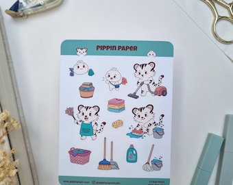 Tiger Dumpling Cleaning Chores Planner Matte Vinyl Sticker Sheet | Laundry Household Kawaii Bujo Deco | Hobonichi Journaling