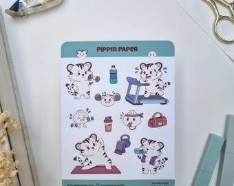 Tiger Dumpling Workout/Fitness Planner Matte Vinyl Sticker Sheet | Gym Exercise Kawaii Bujo | Hobonichi Journaling