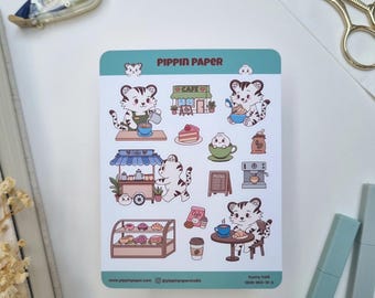 Tiger Bao Cafe Planner Matte Vinyl Sticker Sheet | Coffee Shop Kawaii Deco | Bujo Hobonichi Journaling Supplies