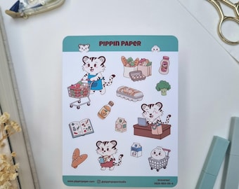 Tiger Dumpling Grocery Shopping Planner Matte Vinyl Sticker Sheet | Food Meal Prep | Bujo Hobonichi Journaling Supplies