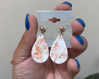 White Marble and Rose Gold Teardrop Clay Earrings -