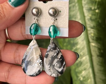 Black Silver Emerald and White Clay Drop Earrings -  Negative Space