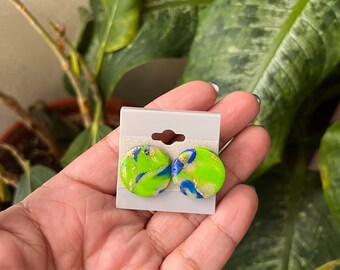 Blue Green And Gold Clay Post Earrings - Golden Earth