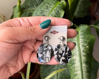 Black White and Silver Oval Drop Earrings - Negative Space