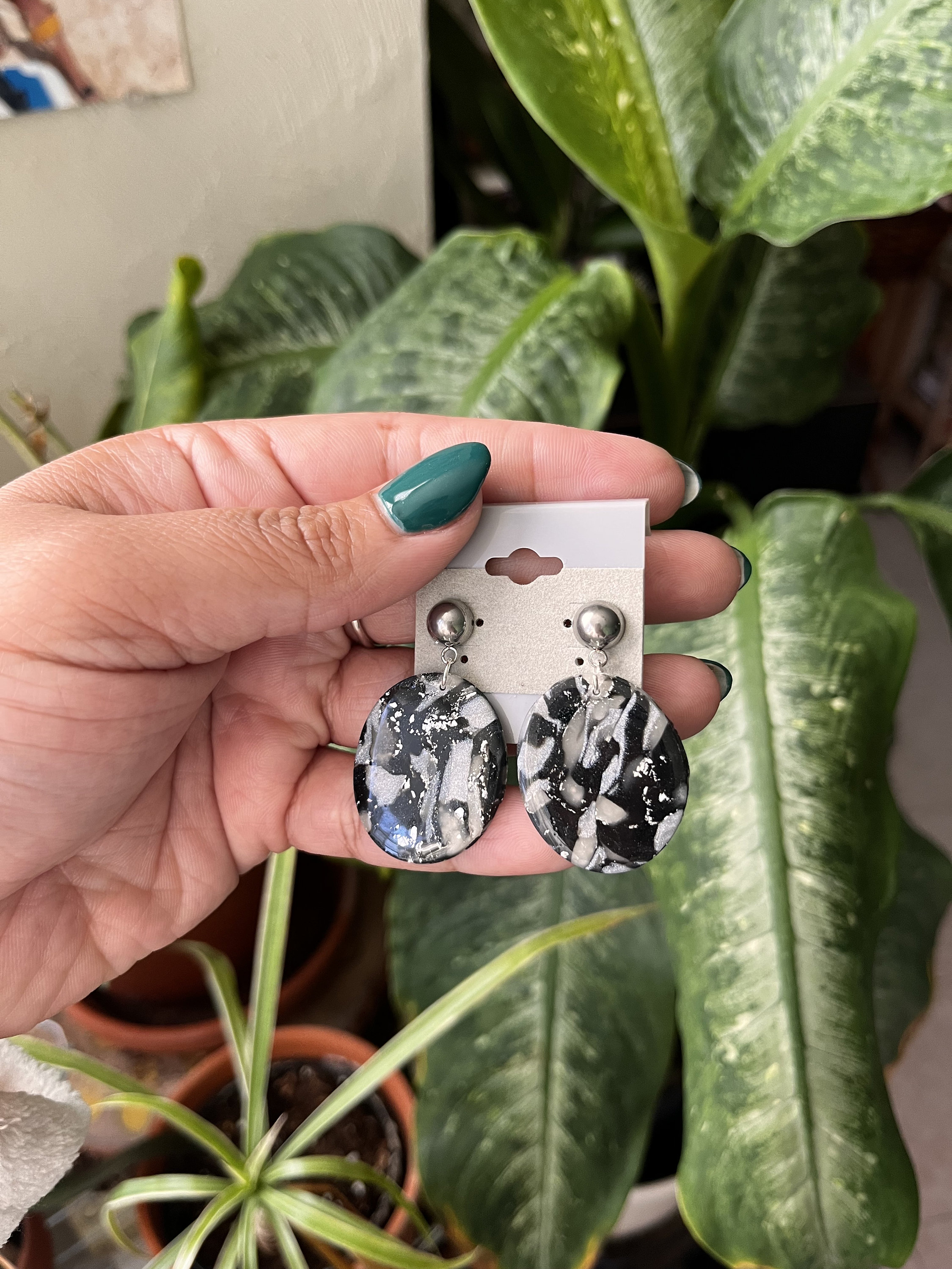 Black White and Silver Oval Drop Earrings Negative Space