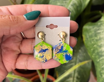 Blue, Green and Gold Hexagon Drop Earrings - Golden Earth