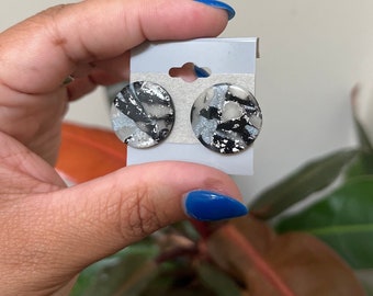 Black Silver and White Clay Post Earrings - Negative Space