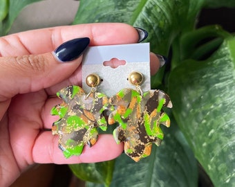 Neon Green Monstera Leaf Earrings