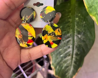 Red Yellow Black and Gold Clay Drop Earrings - Hot Like Fire