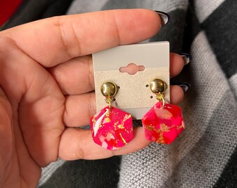 Passion Pink and Gold Hexagon Drop Earrings - Bring The Passion