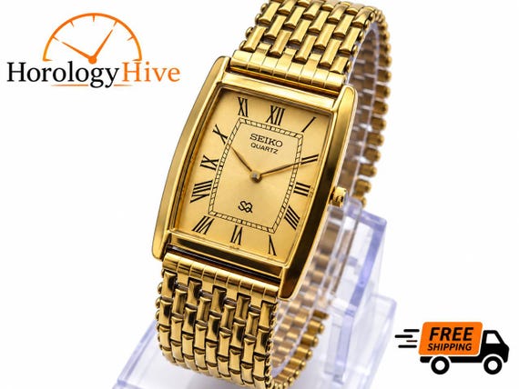 Vintage Seiko Tank Watch: Slim Gold-Tone Roman Numeral Men's Wristwatch