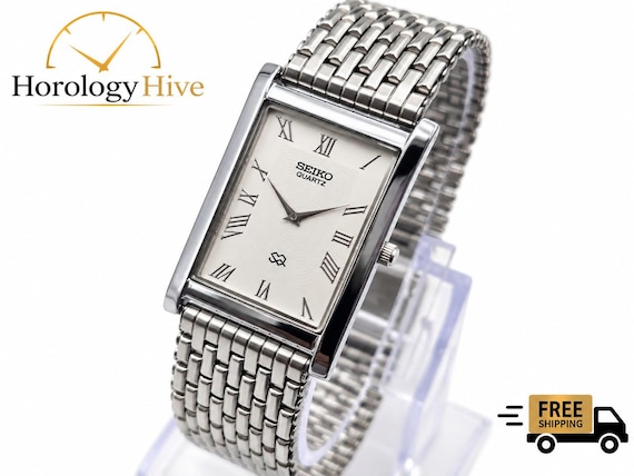 Vintage Seiko Slim Mint Quartz: Tank Style Wristwatch, White Dial, Chain Bracelet