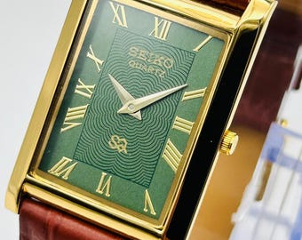 Vintage Seiko Quartz Watch: Green Dial, Leather Strap, Slim Tank Dress Style