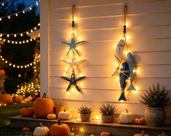Guirnalda de luces colgantes de madera rústica náutica, adorno costero de estrellas de mar y peces, regalo de decoración rústica para casa de playa