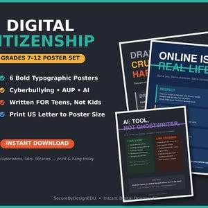 Pode incluir: Um conjunto de seis cartazes digitais intitulados Digital Citizenship para os graus 7-12. Os cartazes apresentam tipografia em negrito com texto incluindo Online is Real Life e AI: Tool, Not Ghostwriter em fundos escuros com detalhes.