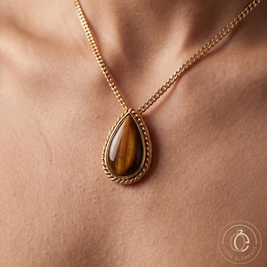 Natural Tiger Eye Teardrop Necklace | Vintage Style Gold Gemstone Pendant | Healing Crystal Boho Jewelry | Protection Stone Gift for Her