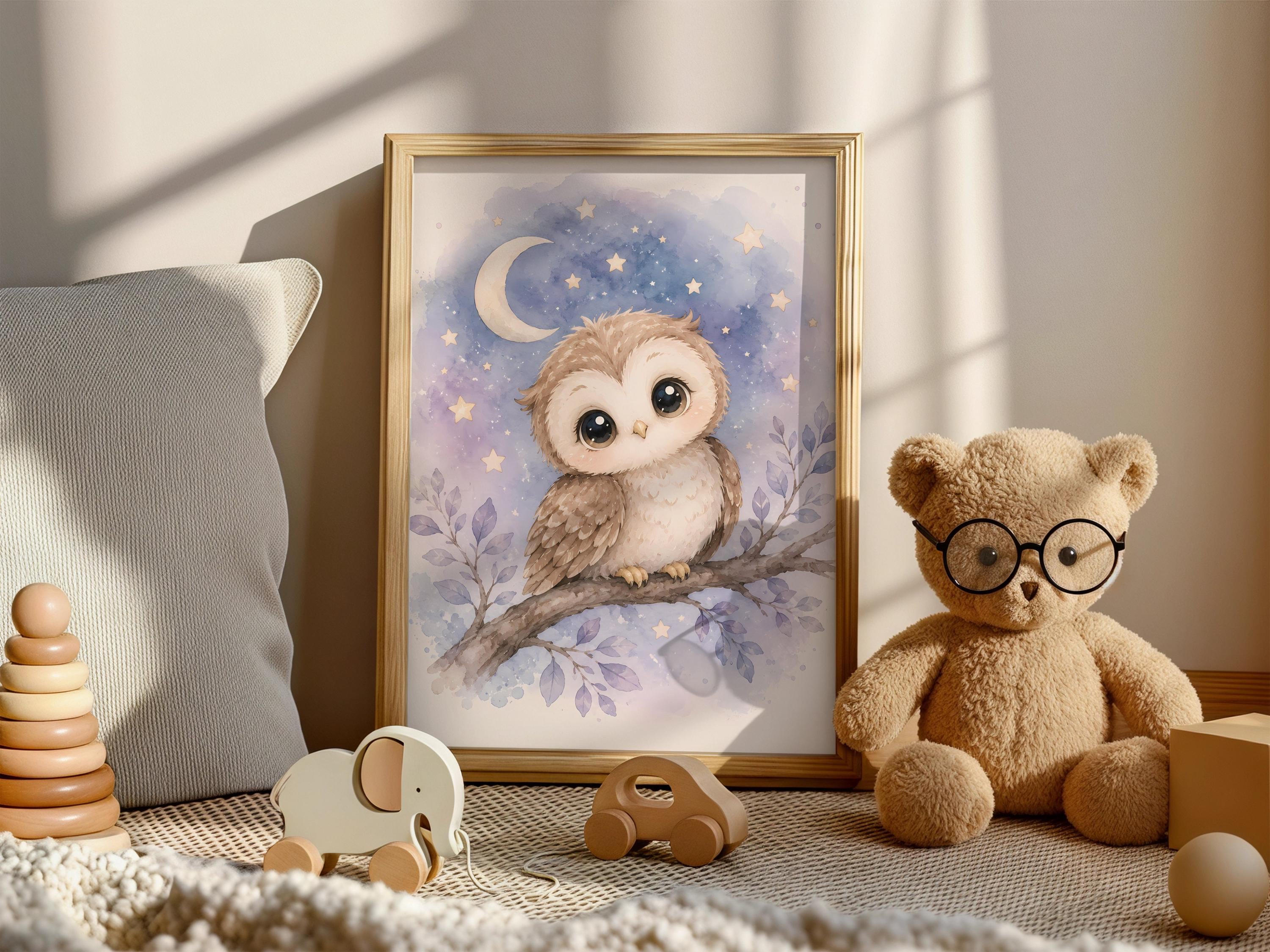 Baby Owl Nursery Wall Art, Woodland Watercolor Print, Moon Stars Kids Room Digital Download