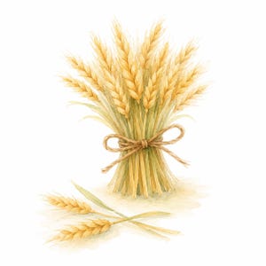 May include: A watercolor illustration of a bundle of golden wheat stalks tied together with a brown twine bow. Two additional individual wheat stalks are positioned horizontally in front of the main upright bundle, featuring yellow and green tones.