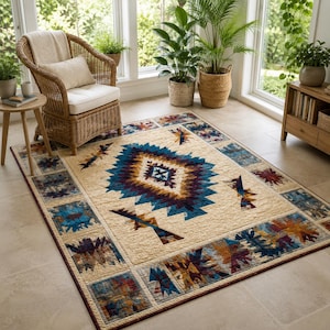 Southwestern Geometric Rug, Aztec Patchwork Area Rug, Boho Arrow Carpet, Rustic Tribal Living Room Decor, Quilted Floor Mat