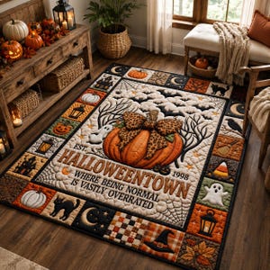 Halloween pompoen vloerkleed, vintage patchwork vloerkleed, tapijt met zwarte kat en spook, herfstdecoratie in boerderijstijl, griezelige herfst vloermat