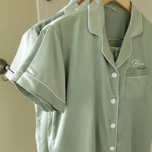 Sage Green Satin Pyjamas: Personalised Wedding, Hen Party PJs