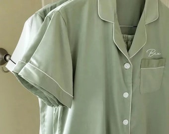 Sage Green Satin Pyjamas: Personalised Wedding, Hen Party PJs