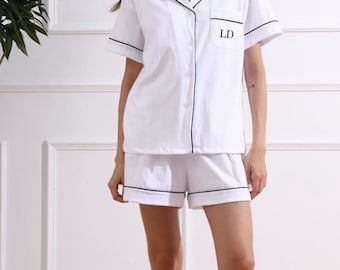 Personalised White Cotton Short Pyjamas: Bridal Party PJs, Wedding Pyjamas