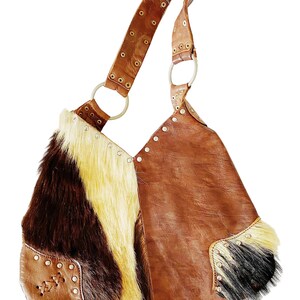 Genuine Leather Hobo Shoulder Bag | North African Patchwork | Metal Studs & Fur Detail