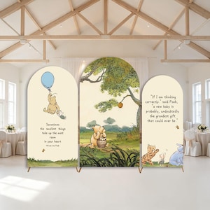 May include: Three arched display panels featuring Winnie the Pooh illustrations. The left panel shows Pooh with a blue balloon and text. The centre panel depicts Pooh with a honey pot in a forest. The right panel shows characters with text.