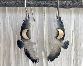 Hawk Earrings with crescent Moon Sterling Silver and Brass- Silver Hawk Moon Earrings - Bird Earrings - Silver Bird Earrings