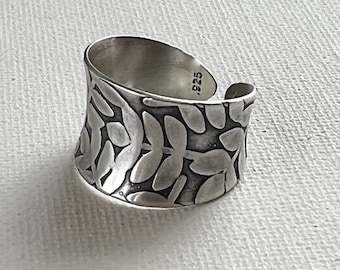 Sterling Silver Cuff Ring with leaf design - adjustable - made to order