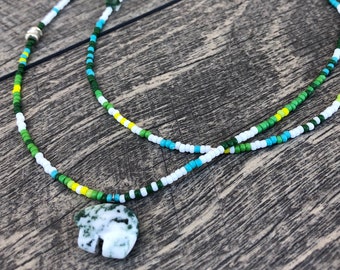 Bead Necklace with Bear fetish - Bear Necklace - Bear Bead Necklace - Beaded Strand - Bead Strand