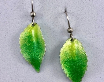 Leaf Earrings | Green Leaf Earrings Silver and Enamel | Green Enamel Leaf Dangle Earrings | Botanical Jewelry