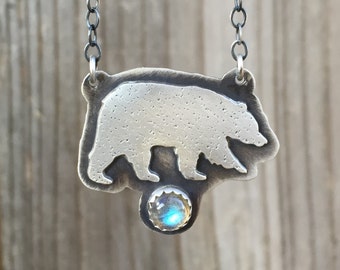 Silver Bear Necklace with Labradorite - Bear necklace - Sterling Silver Bear Necklace - Silver Bear Pendant
