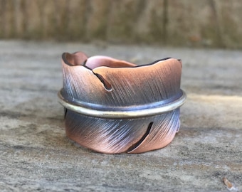 Feather ring - adjustable - unisex - handmade - copper brass or sterling silver