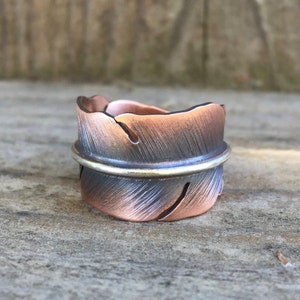 Feather ring - adjustable - unisex - handmade - copper brass or sterling silver