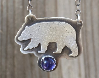 Bear Necklace Sterling Silver with Iolite gemstone