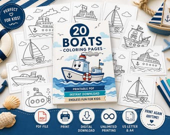 Båtmålarbilder utskrivbara i PDF-format, söt båtmålarbok för barn, målarbilder med segelbåtar och fartyg, direktnedladdning