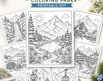 Målarbilder med sommarberg i PDF-format, målarbok för bergslandskap, målarbilder med natur, direktnedladdning